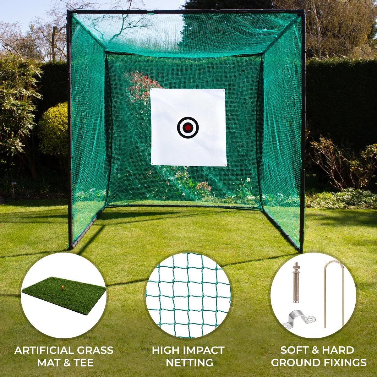 Golf practice cage with green netting, white target, artificial grass mat, and ground fixings for stability in outdoor settings
