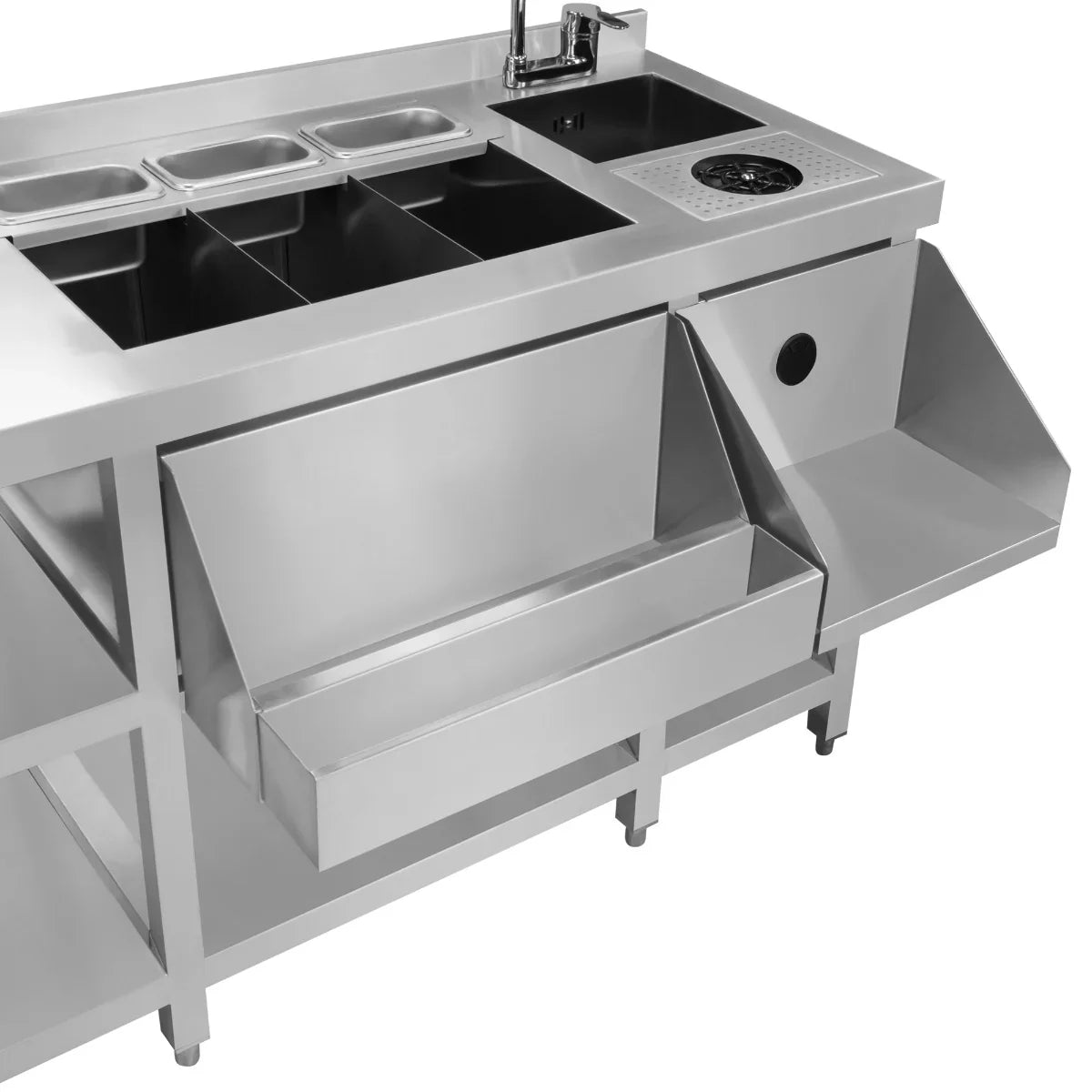Stainless steel twin cocktail bar station featuring multiple storage compartments, a sink, and a sleek, modern design