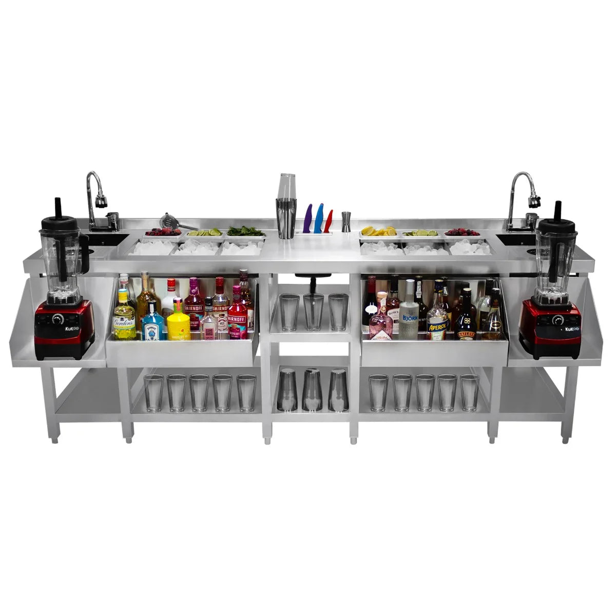 Twin Cocktail Bar Station with stainless steel finish, dual blenders, ice bins, and storage for bottles and glasses, ideal for entertaining