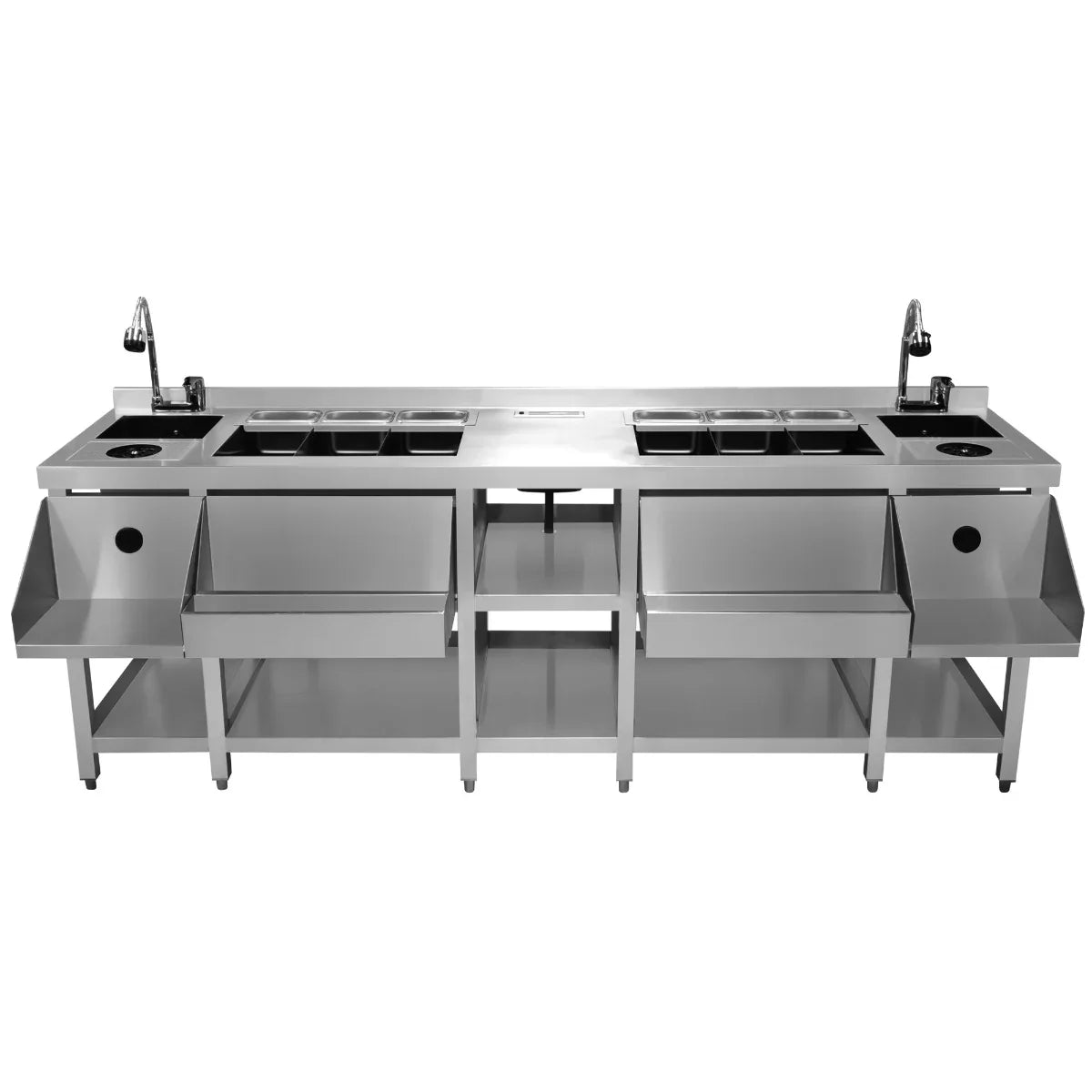 Twin Cocktail Bar Station featuring a sleek stainless steel design, multiple compartments for ingredients, and spacious storage areas