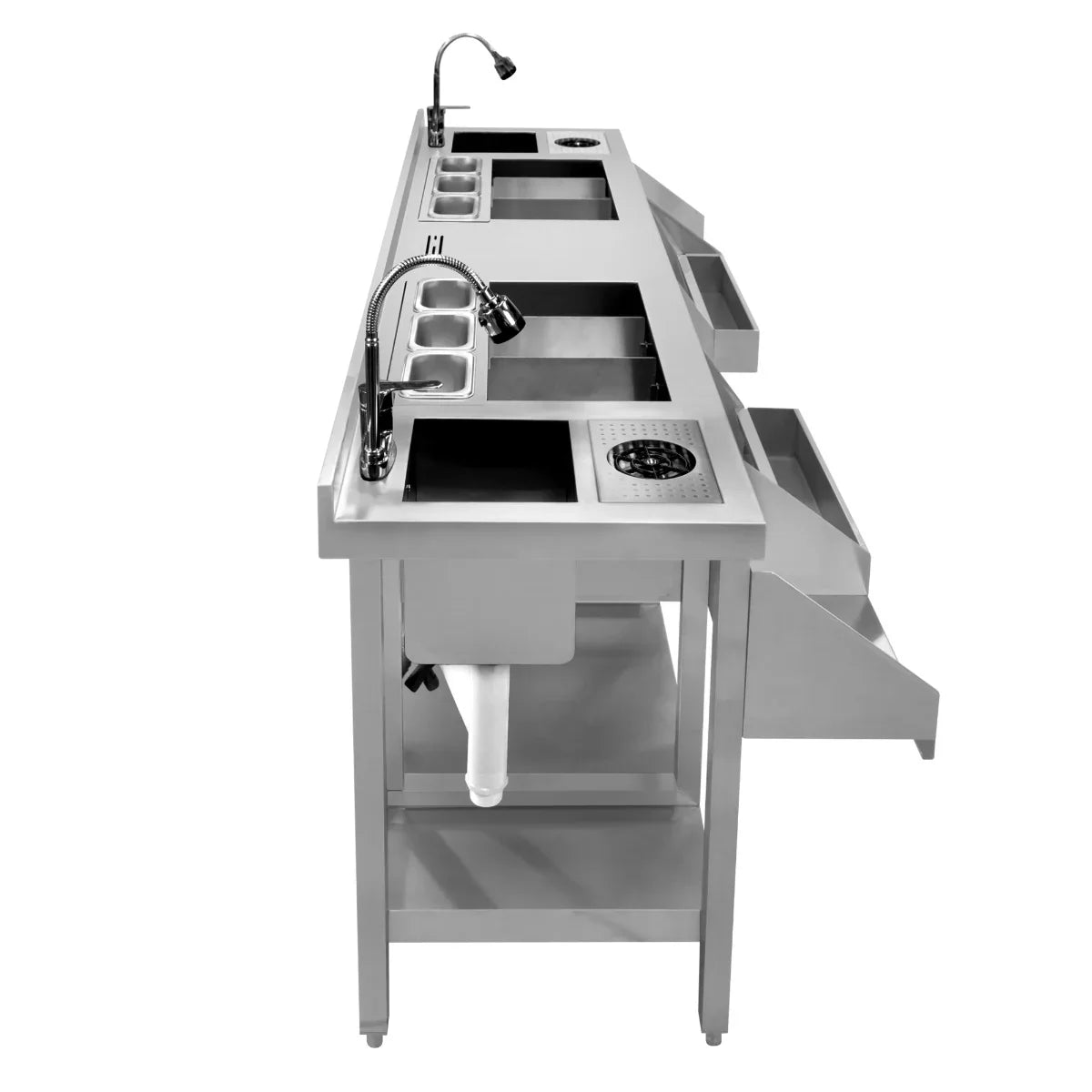 Sleek stainless steel twin cocktail bar station with multiple sinks, faucets, and spacious storage for efficient bartending