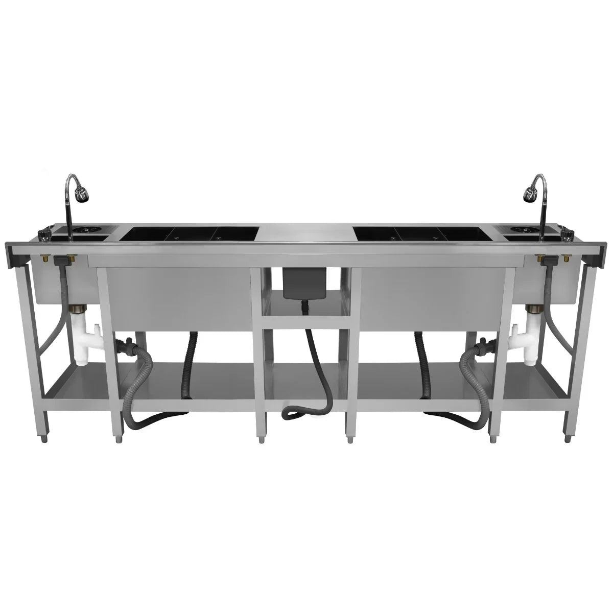 Twin Cocktail Bar Station with stainless steel finish, featuring two deep sinks, adjustable faucets, and sturdy frame for durability
