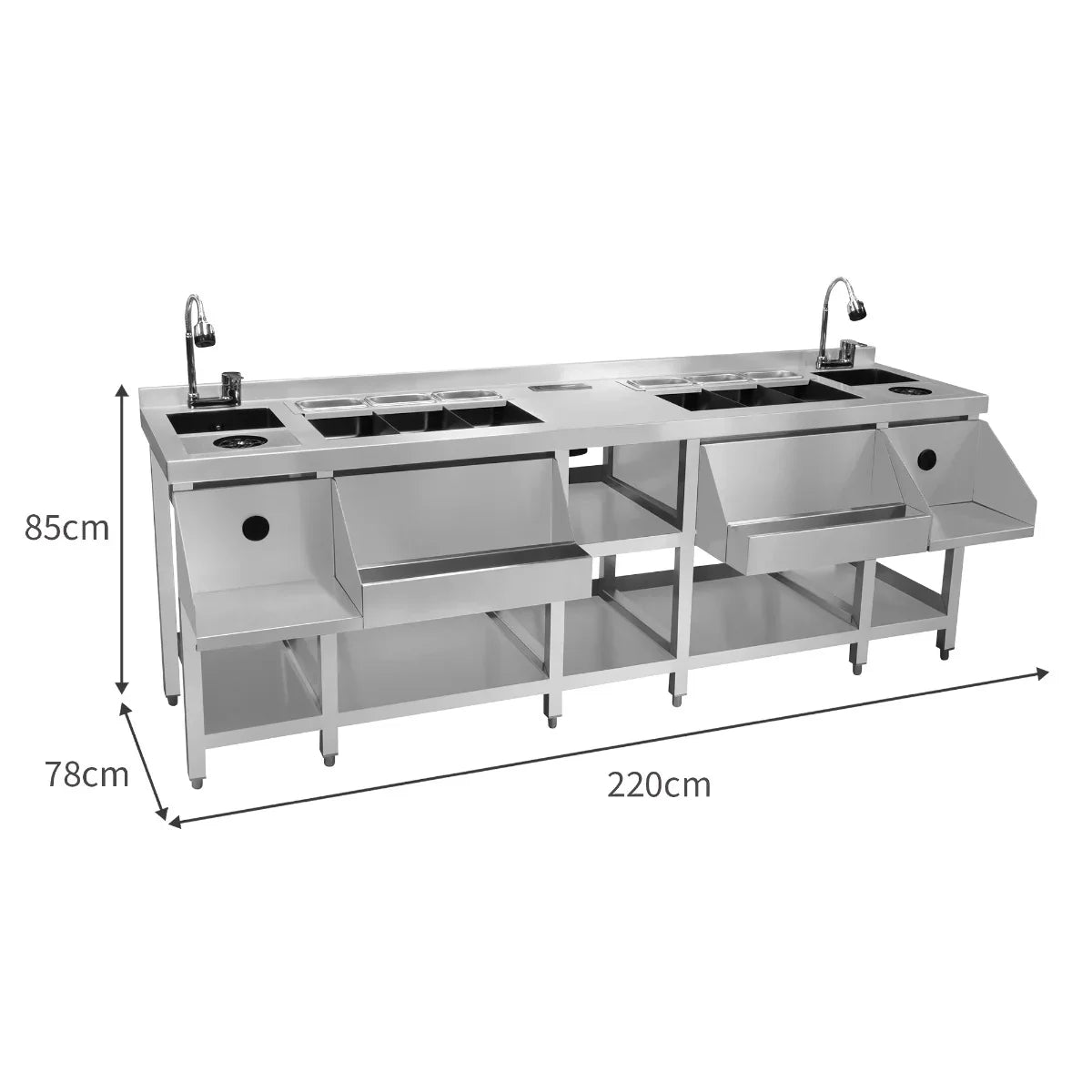 Twin Cocktail Bar Station with stainless steel finish, featuring two sinks, storage compartments, and a sleek, modern design