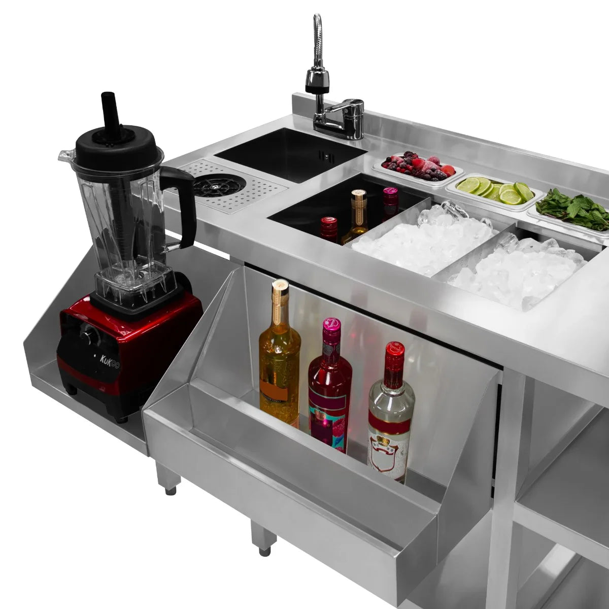 Twin Cocktail Bar Station featuring stainless steel construction, ice compartment, blender, and colorful liquor bottles for mixing drinks