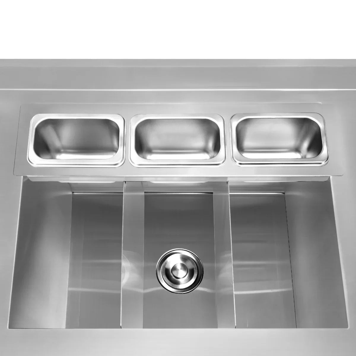 Stainless steel twin cocktail bar station featuring three deep compartments and a central drain for efficient beverage preparation