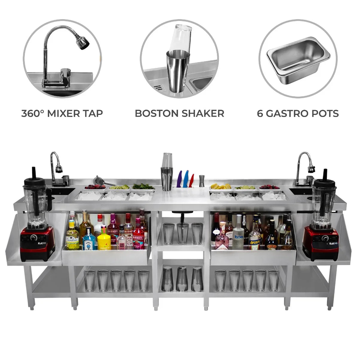 Twin Cocktail Bar Station with stainless steel finish, 360° mixer tap, Boston shaker, and six gastro pots for organized drink preparation