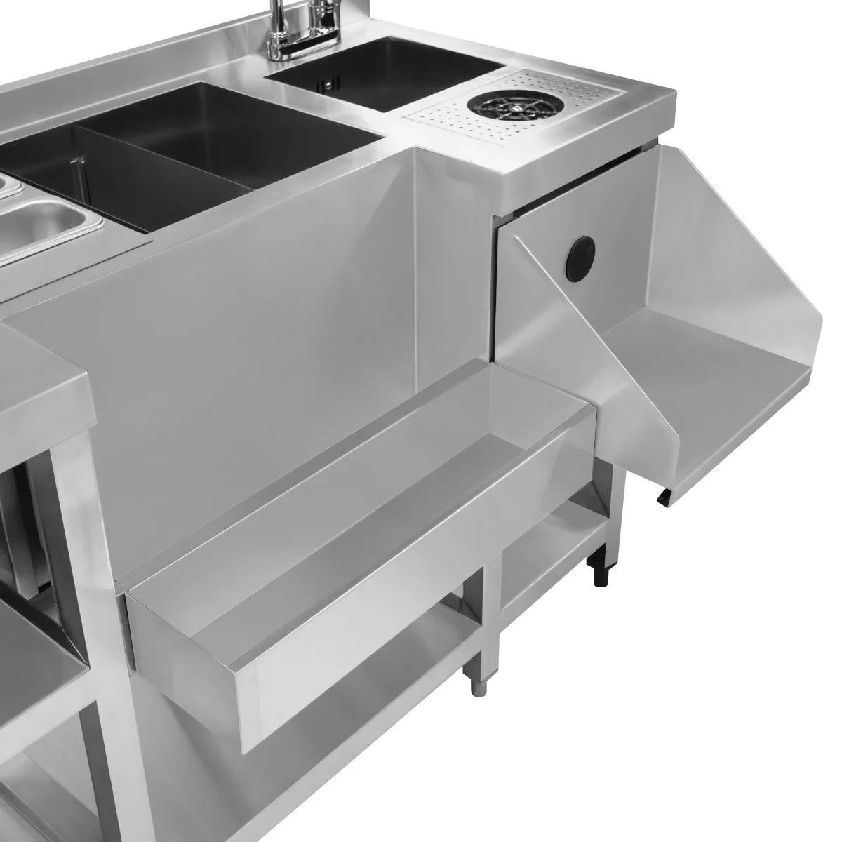 Compact twin cocktail bar station in stainless steel, featuring two sinks, a waste chute, and ample storage space for bartending essentials