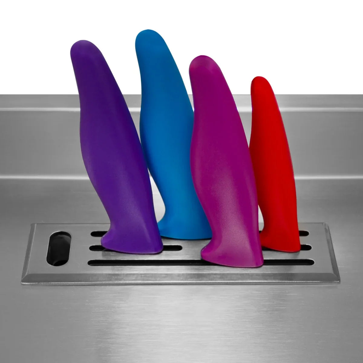 Compact Twin Cocktail Bar Station featuring vibrant, colorful silicone tools in purple, blue, red, and pink, set against a sleek stainless steel backdrop