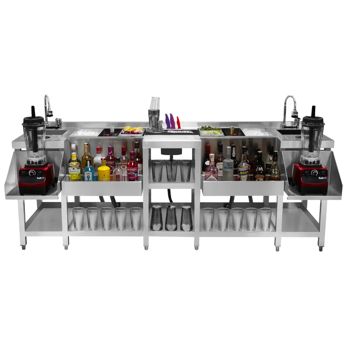Compact twin cocktail bar station with stainless steel finish, two blenders, shelves for bottles, and glassware storage
