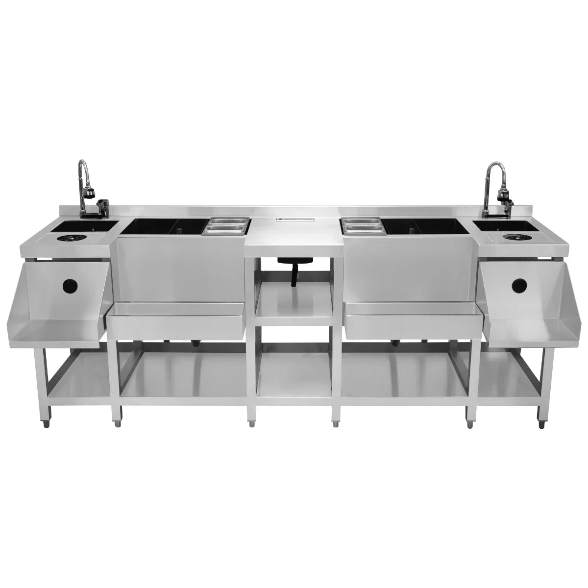 Compact Twin Cocktail Bar Station in stainless steel with dual sinks, storage compartments, and a sleek, modern design for efficient bartending
