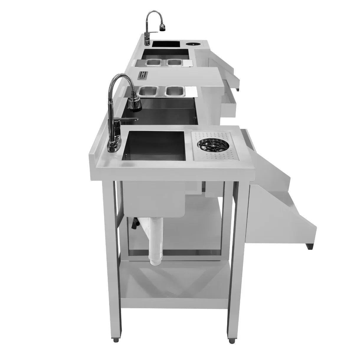 Compact Twin Cocktail Bar Station featuring stainless steel sinks, sleek white finish, and modern design for efficient bartending