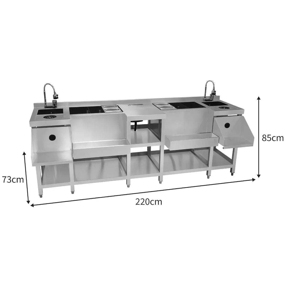 Compact Twin Cocktail Bar Station in stainless steel, featuring two sinks, storage shelves, and a sleek, modern design for efficient bartending