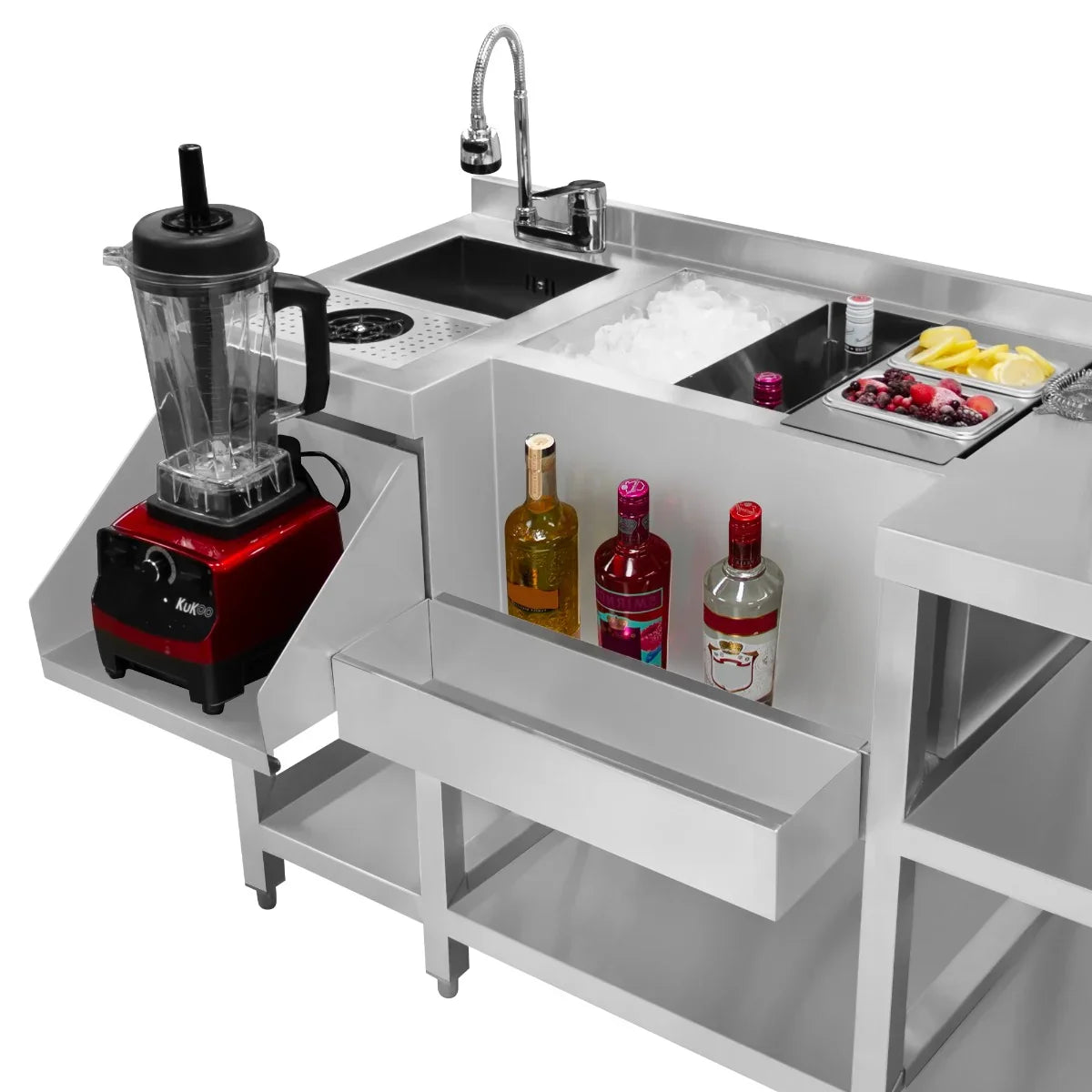 Compact Twin Cocktail Bar Station featuring stainless steel construction, ice compartment, blender, and storage for bottles and mixers