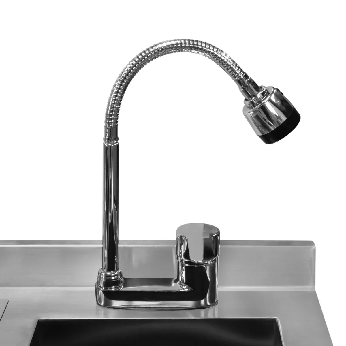 Chrome faucet with a flexible neck and modern design, mounted on a sleek stainless steel countertop of the Compact Twin Cocktail Bar Station