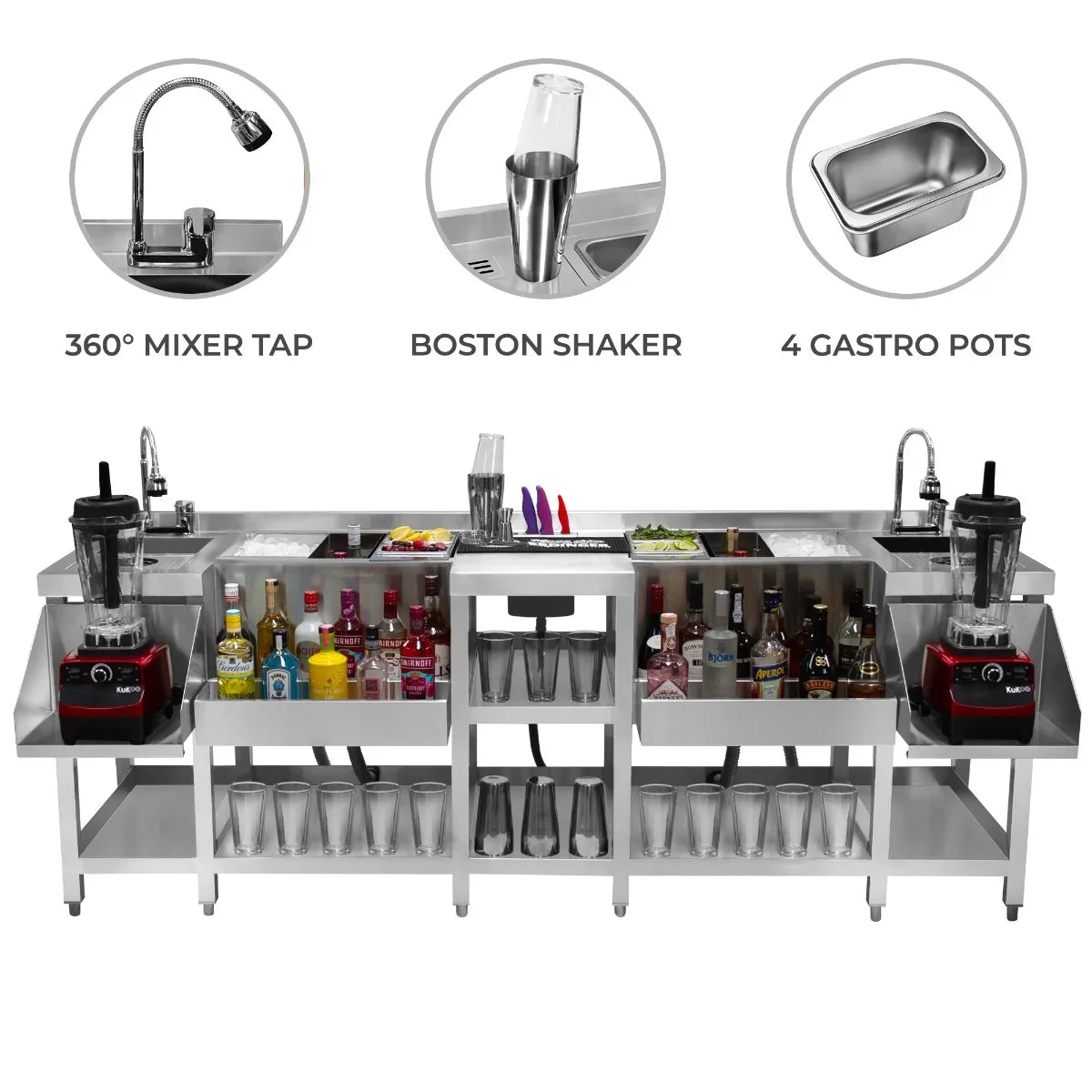 Compact Twin Cocktail Bar Station featuring stainless steel finish, 360° mixer tap, Boston shaker, and four gastro pots for efficient mixing and serving