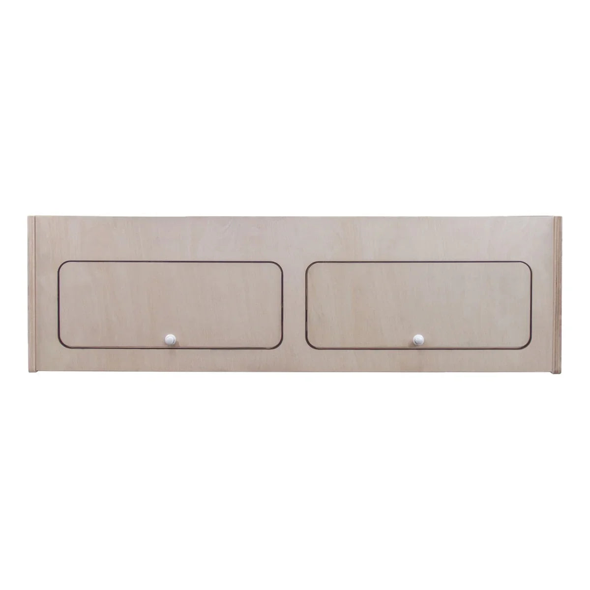 Overhead camper cabinet in light wood, featuring two spacious drawers with rounded edges and minimalist white knobs, measuring 120cm x 35cm x 35cm