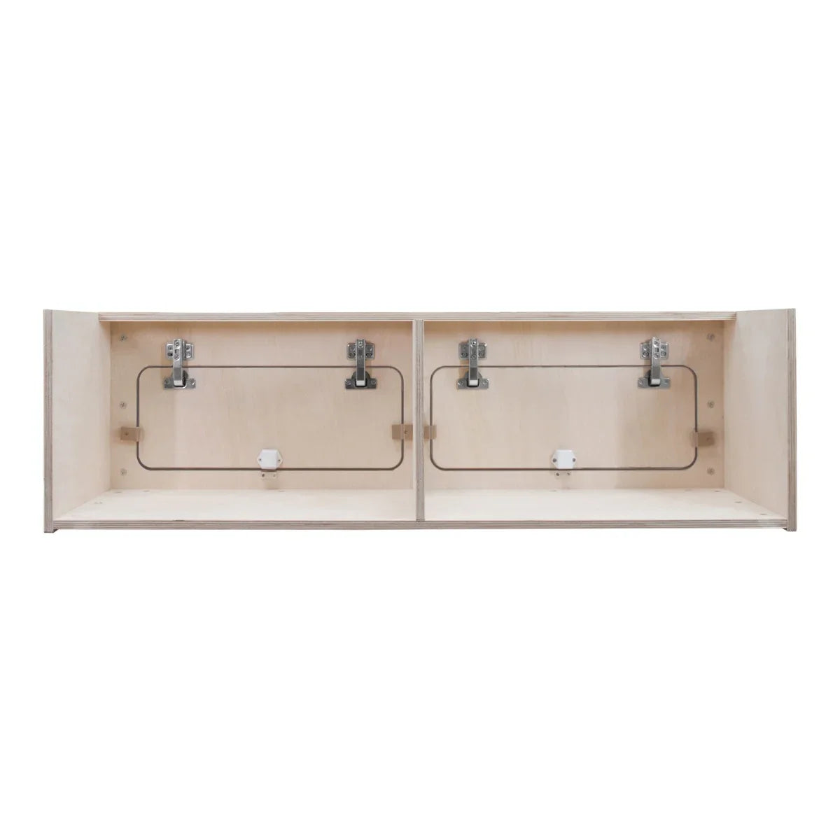 Overhead camper cabinet in natural wood finish, featuring two spacious compartments with metal hinges and sturdy construction