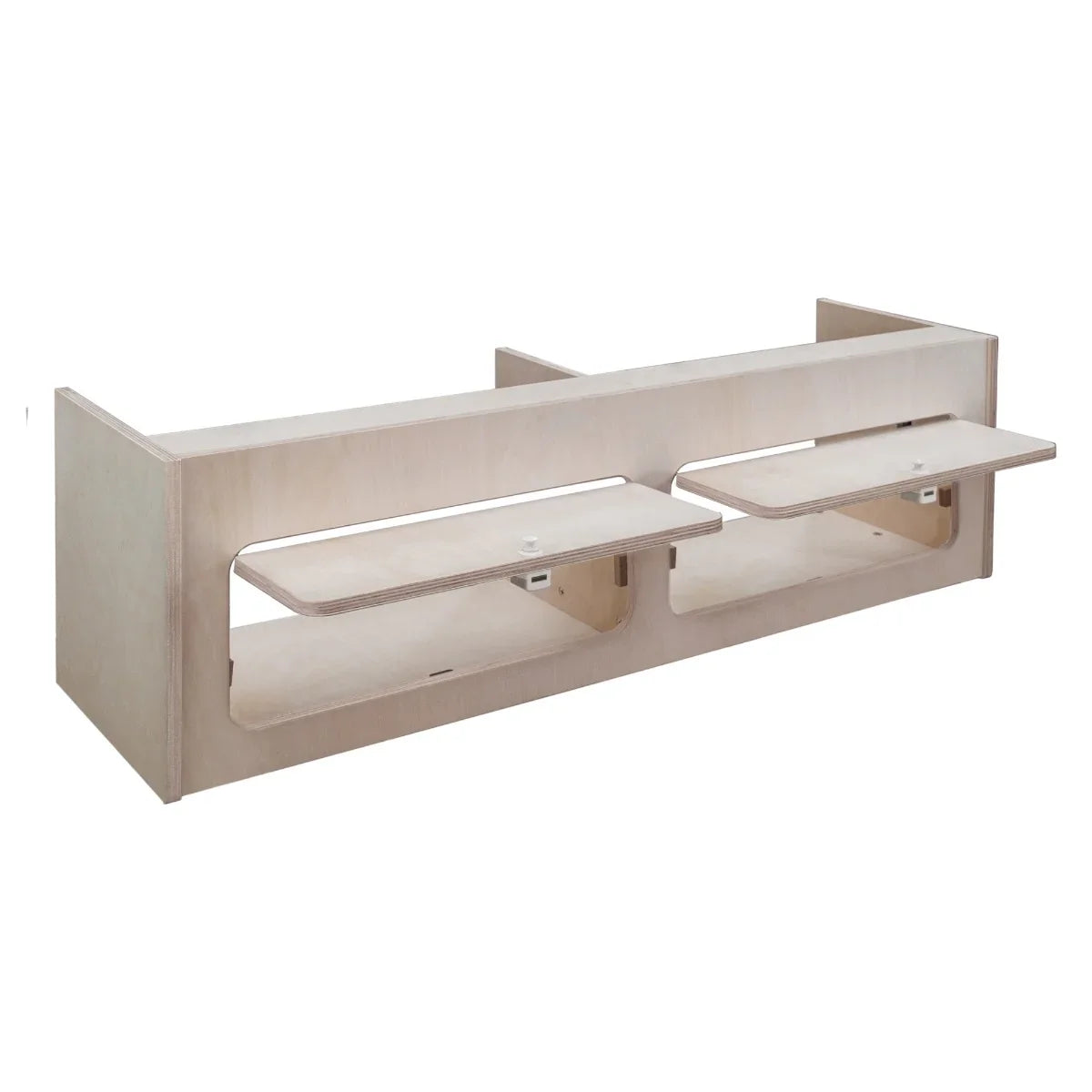 Overhead camper cabinet in light wood, featuring two pull-down shelves, sleek design, and smooth finish, ideal for compact spaces
