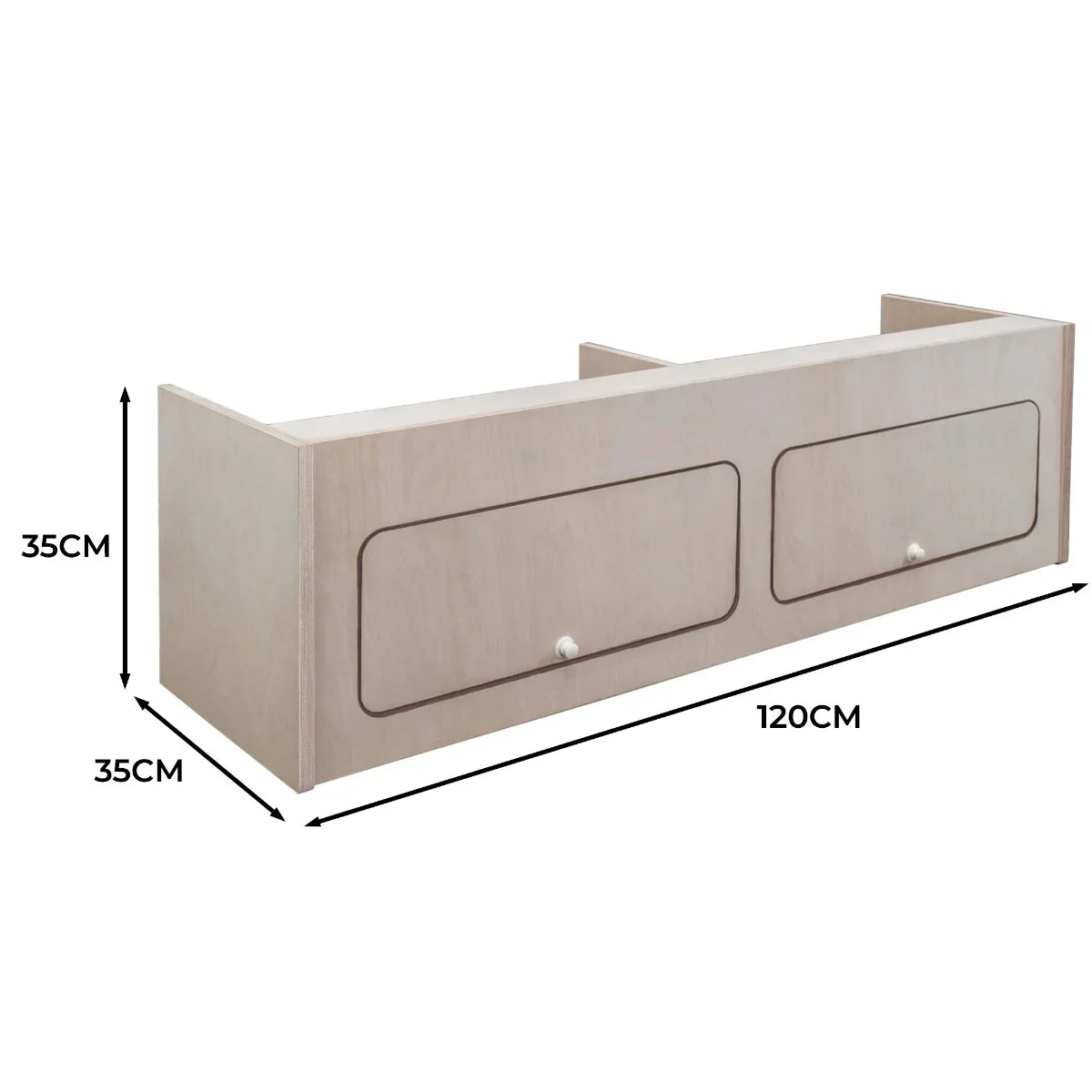 Overhead camper cabinet in light wood finish, featuring two spacious drawers, dimensions 120cm x 35cm x 35cm, ideal for storage