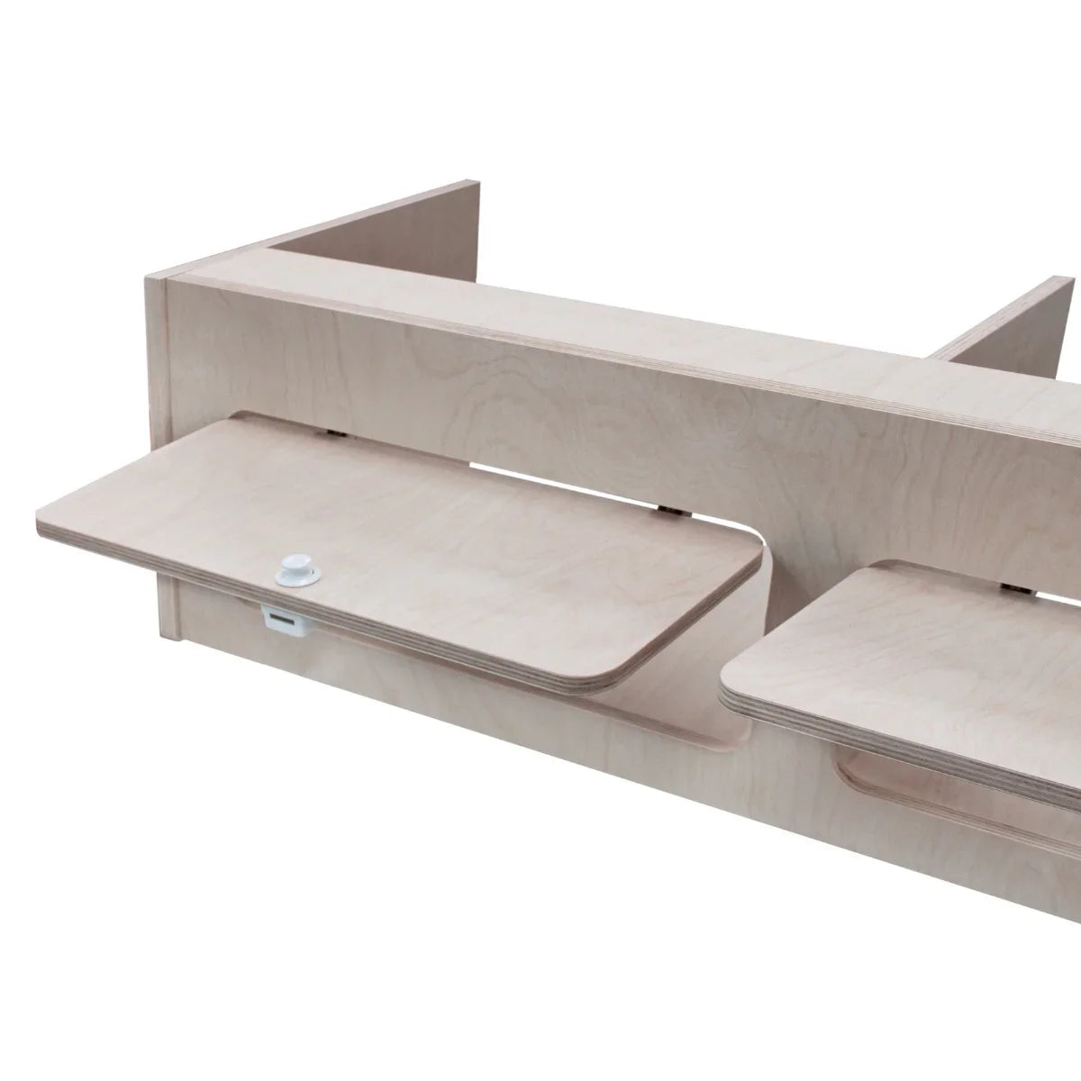 Overhead camper cabinet in light plywood, featuring two sliding shelves and a sleek, modern design, perfect for compact storage solutions