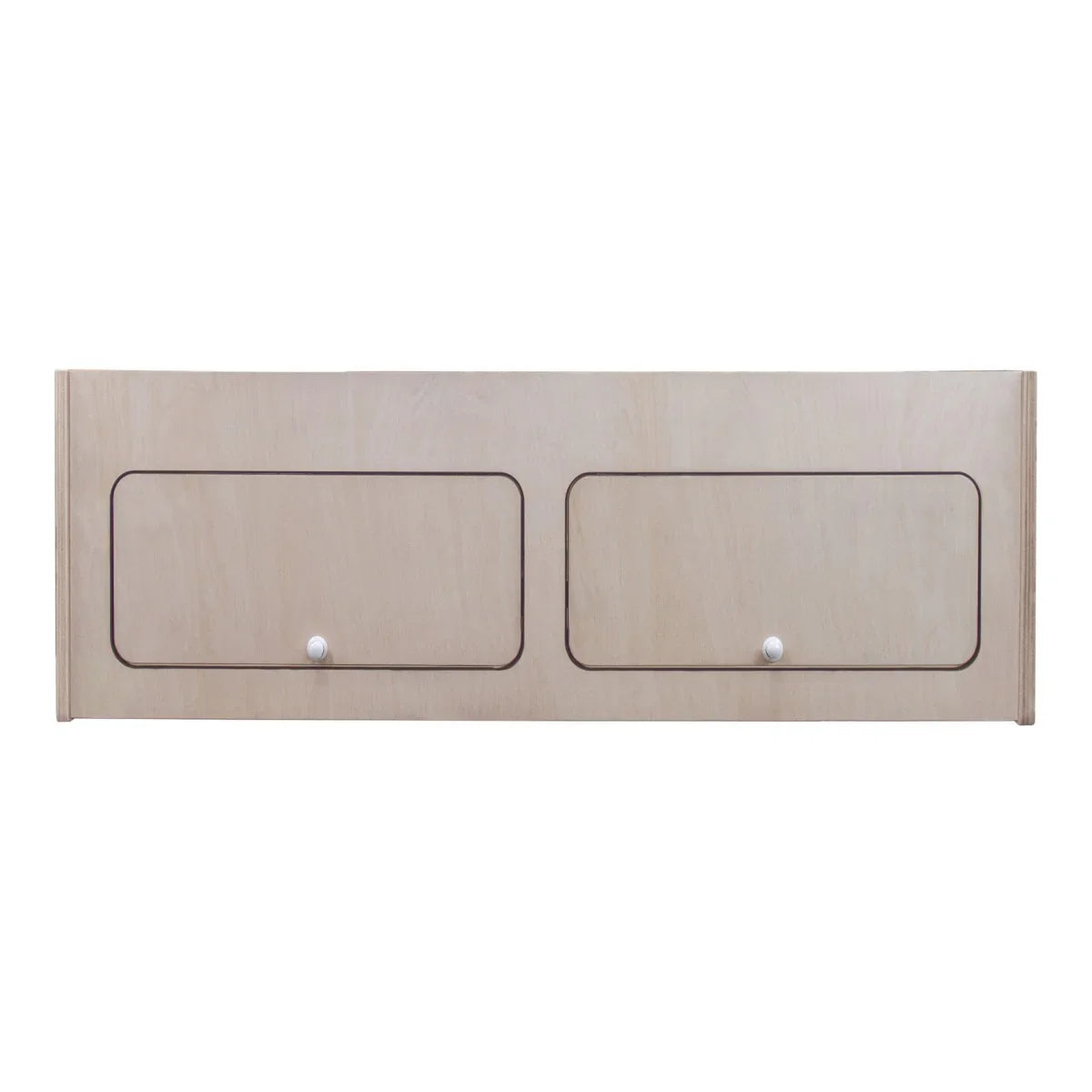 Overhead camper cabinet in light wood, featuring two smooth, rounded drawers with white knobs, measuring 100cm x 35cm x 35cm