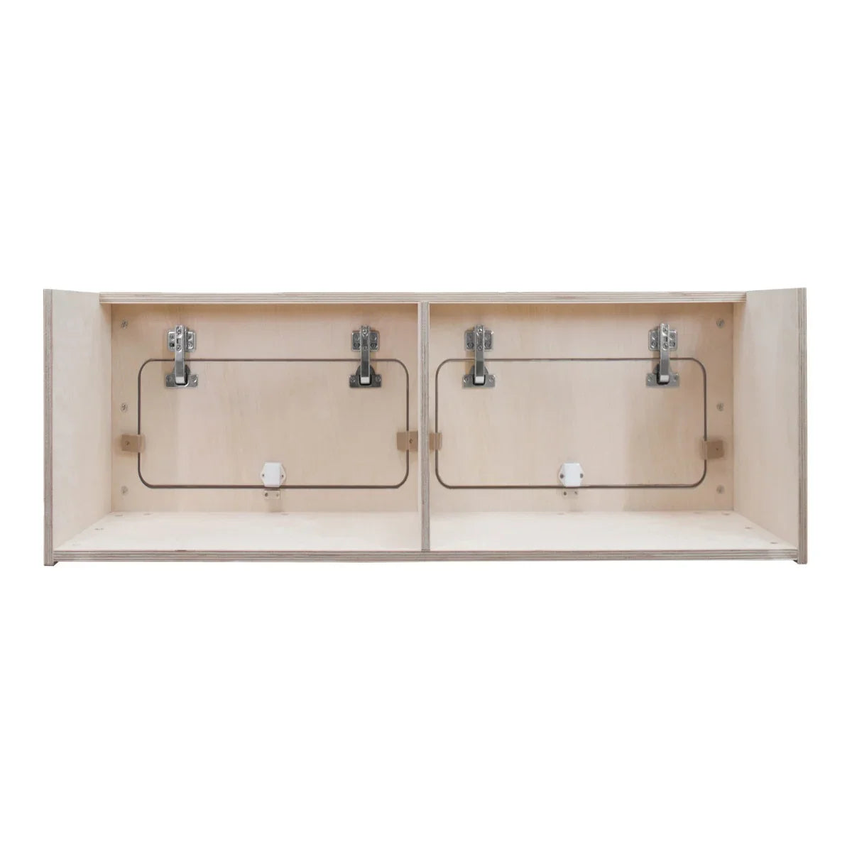 Overhead Camper Cabinet in natural wood finish, featuring two compartments with metal hinges and a sleek, minimalist design