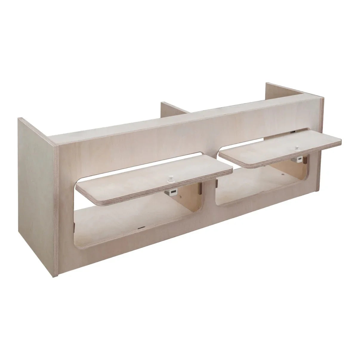 Overhead camper cabinet in light plywood, featuring two drop-down shelves and a sleek, modern design for efficient storage