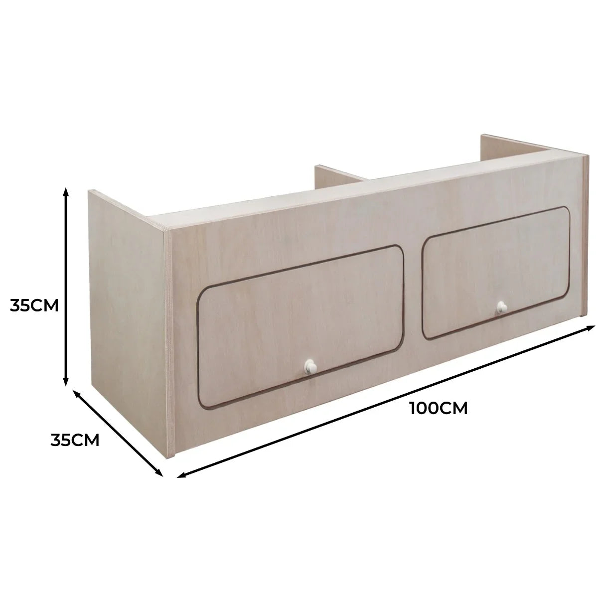 Overhead camper cabinet in light wood finish, featuring two spacious drawers, measuring 100cm x 35cm x 35cm, ideal for storage