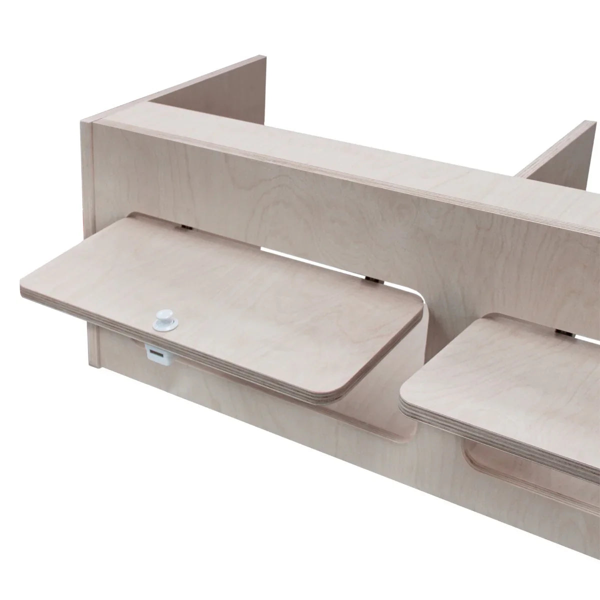 Overhead Camper Cabinet in light wood finish, featuring two sliding shelves and a sleek, modern design for efficient storage