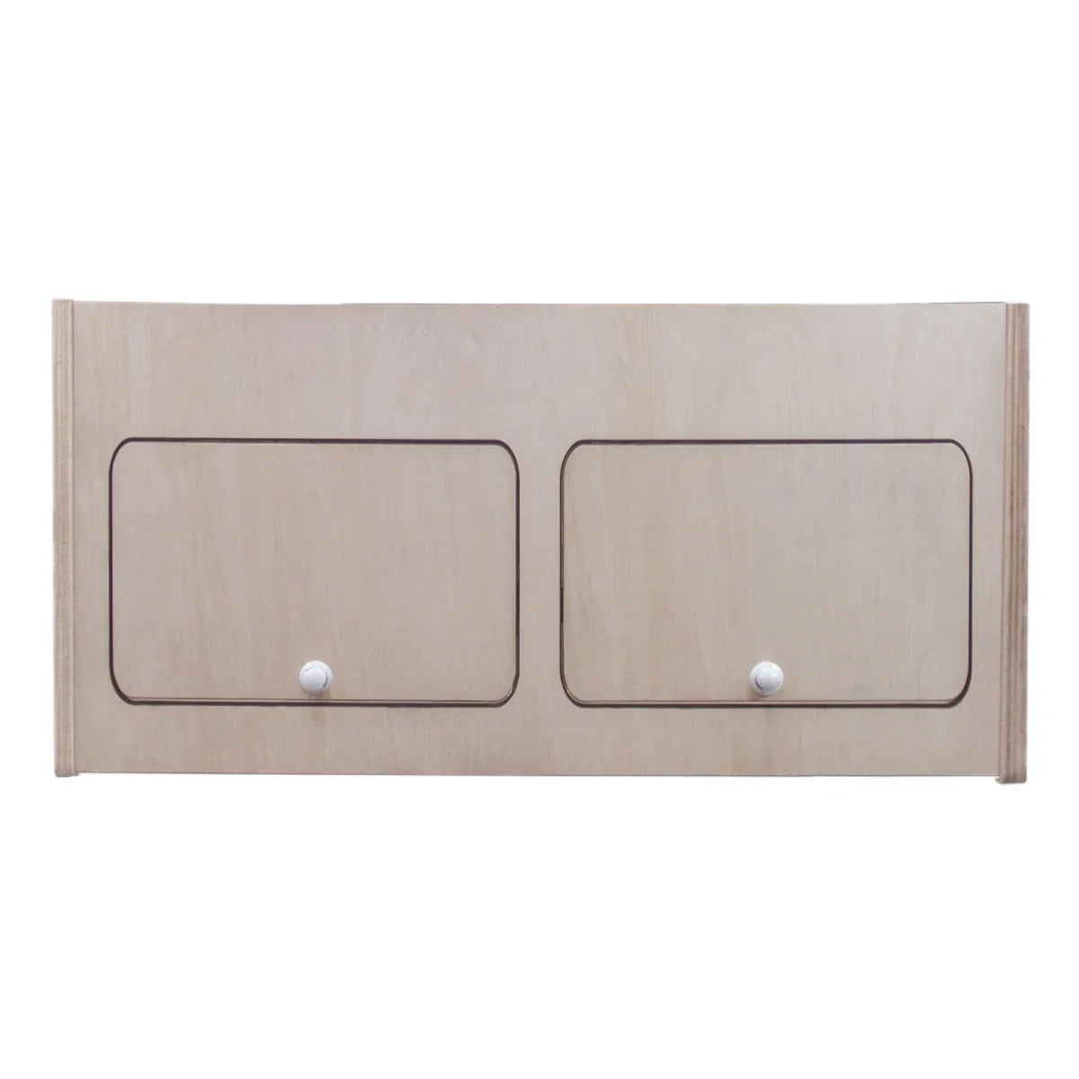 Overhead camper cabinet in light wood finish, featuring two rounded doors with white knobs, dimensions 80cm x 35cm x 35cm