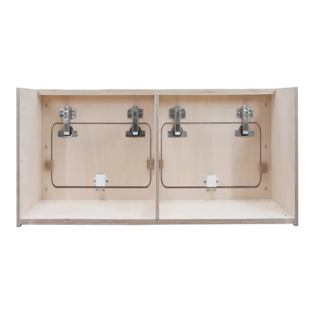 Overhead Camper Cabinet in natural wood finish, featuring two compartments with sturdy metal hinges and a sleek, minimalist design