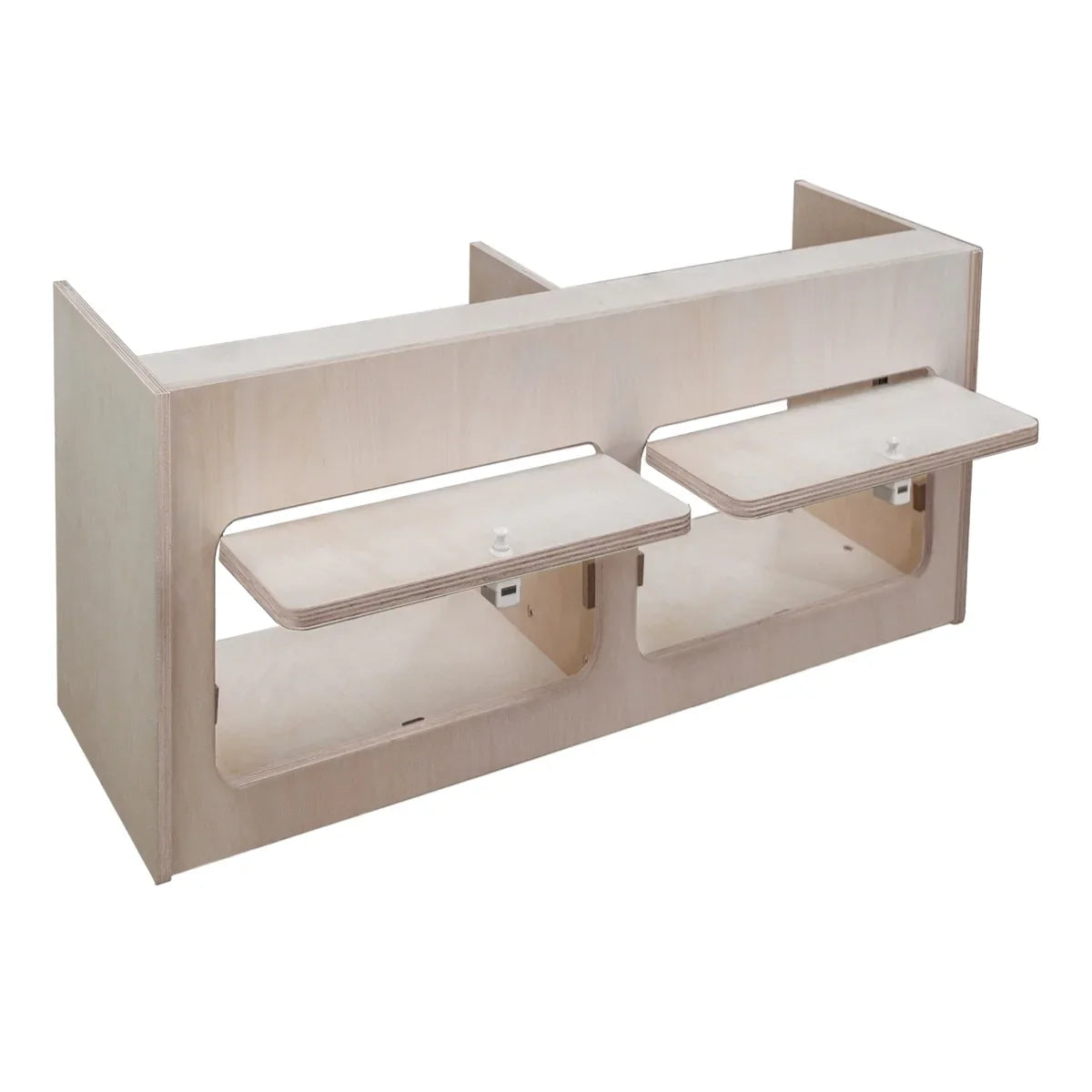 Overhead camper cabinet in light wood, featuring two drop-down shelves and a sleek, minimalist design, measuring 80cm x 35cm x 35cm