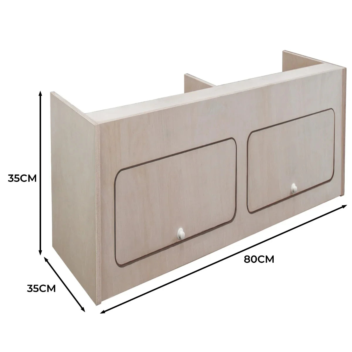 Overhead camper cabinet in light wood finish, featuring two spacious compartments with rounded edges and sleek handles, measuring 80cm x 35cm x 35cm