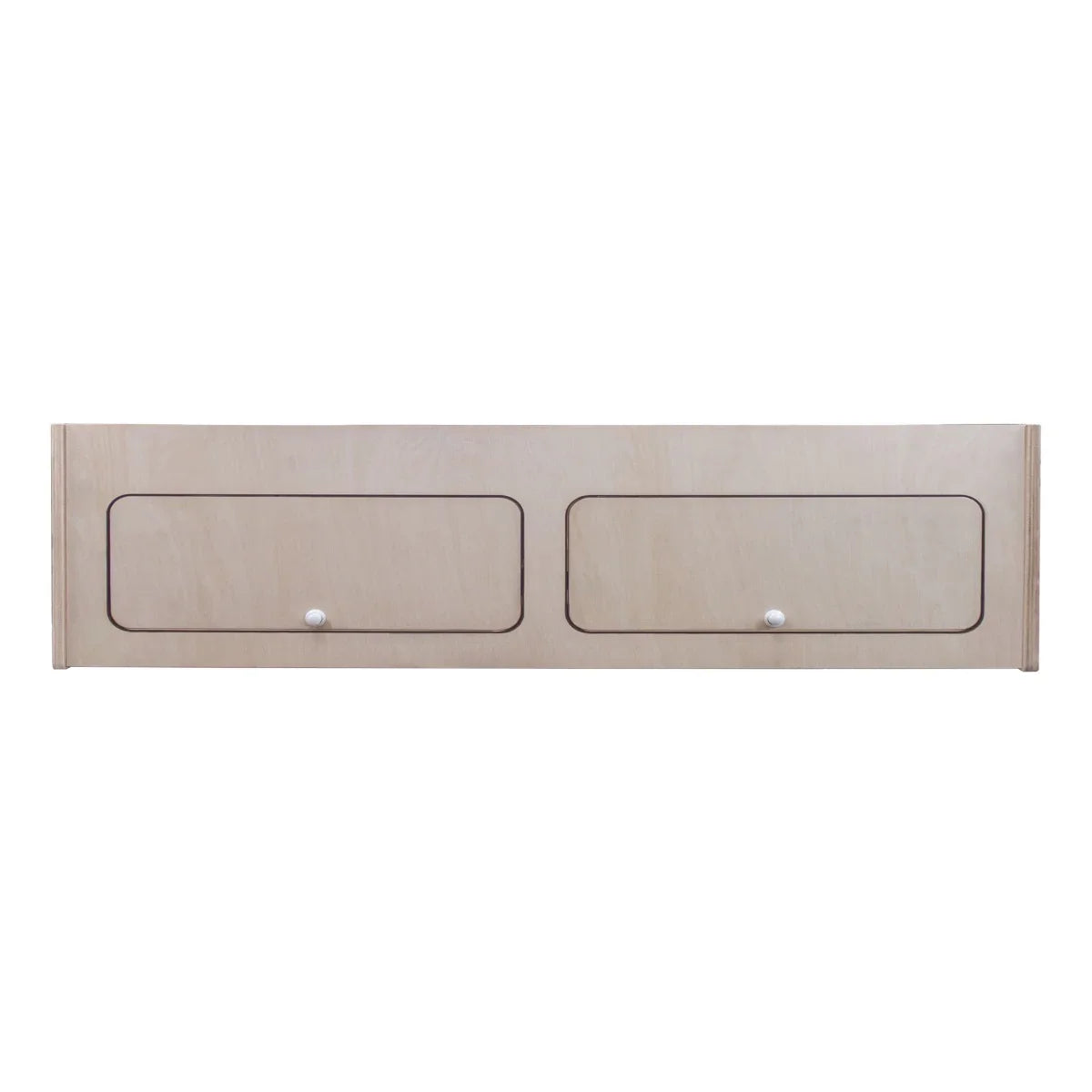 Overhead Camper Cabinet in light wood finish, featuring two spacious drawers with round knobs, ideal for organized storage in RVs or campers