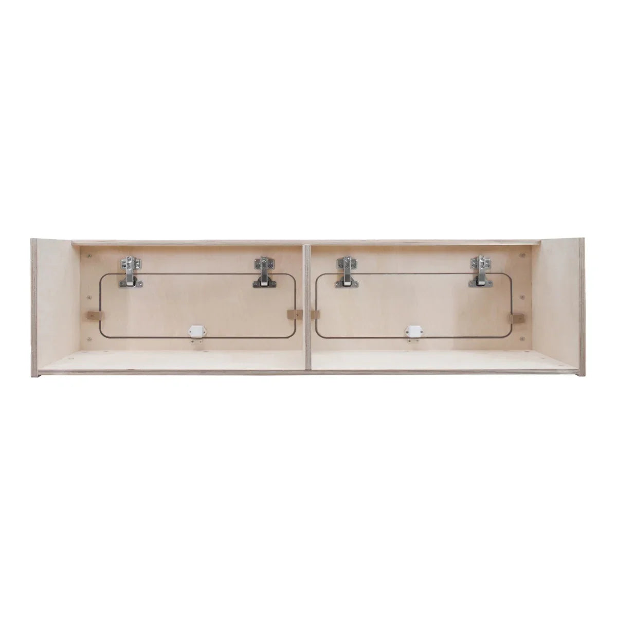 Overhead camper cabinet in natural wood finish, featuring two spacious compartments with sturdy metal hinges and a sleek design