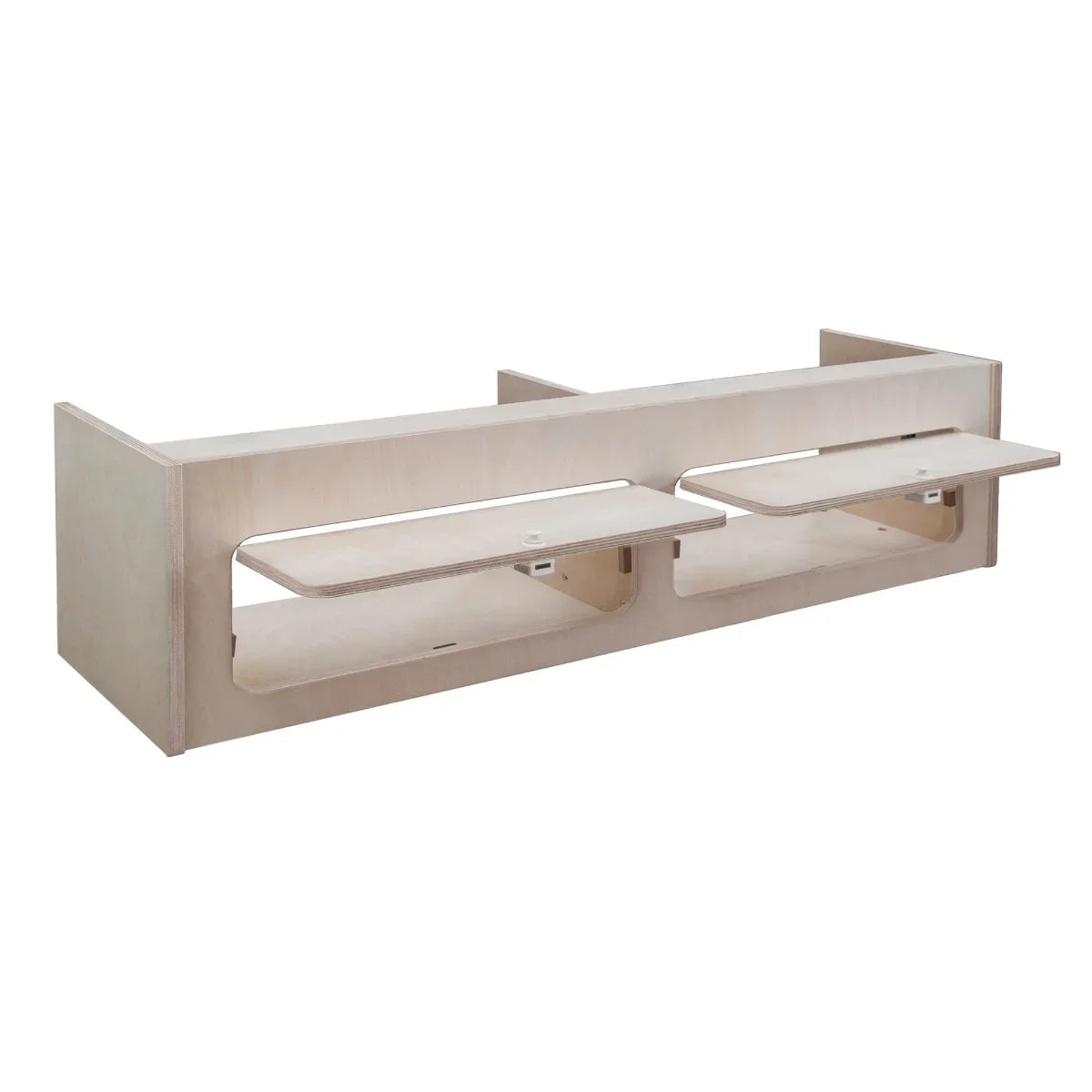 Overhead Camper Cabinet in light wood, featuring two pull-down shelves, ideal for maximizing storage in small spaces