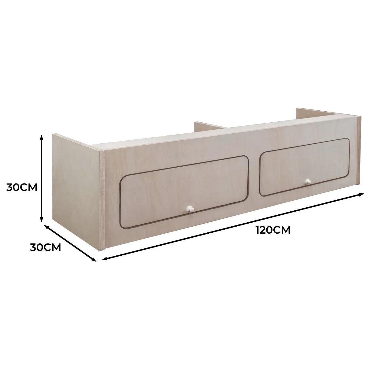Overhead Camper Cabinet in light wood finish, measuring 120cm x 30cm x 30cm, featuring two smooth pull-out drawers for storage