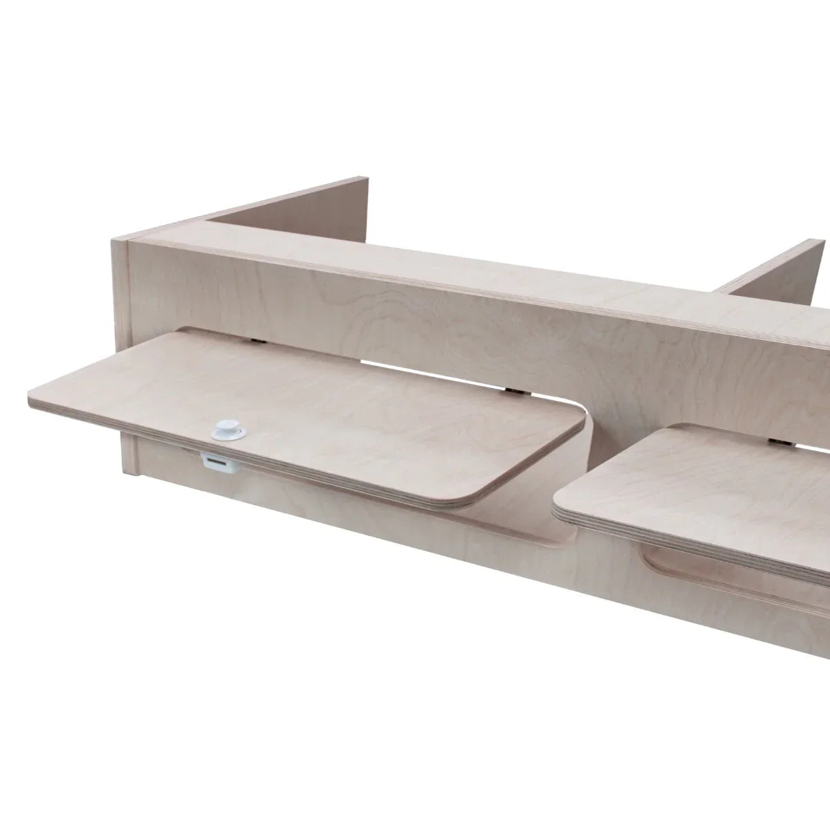 Light wood overhead camper cabinet with two pull-down shelves, measuring 120cm x 30cm x 30cm, showcasing a sleek, modern design
