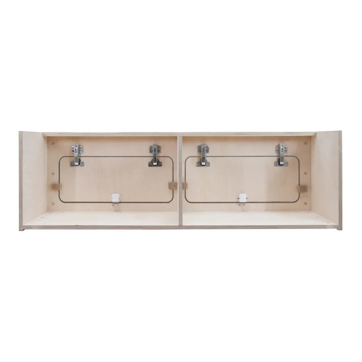 Overhead camper cabinet in natural wood finish, featuring two spacious compartments with metal hinges and a sleek, minimalist design