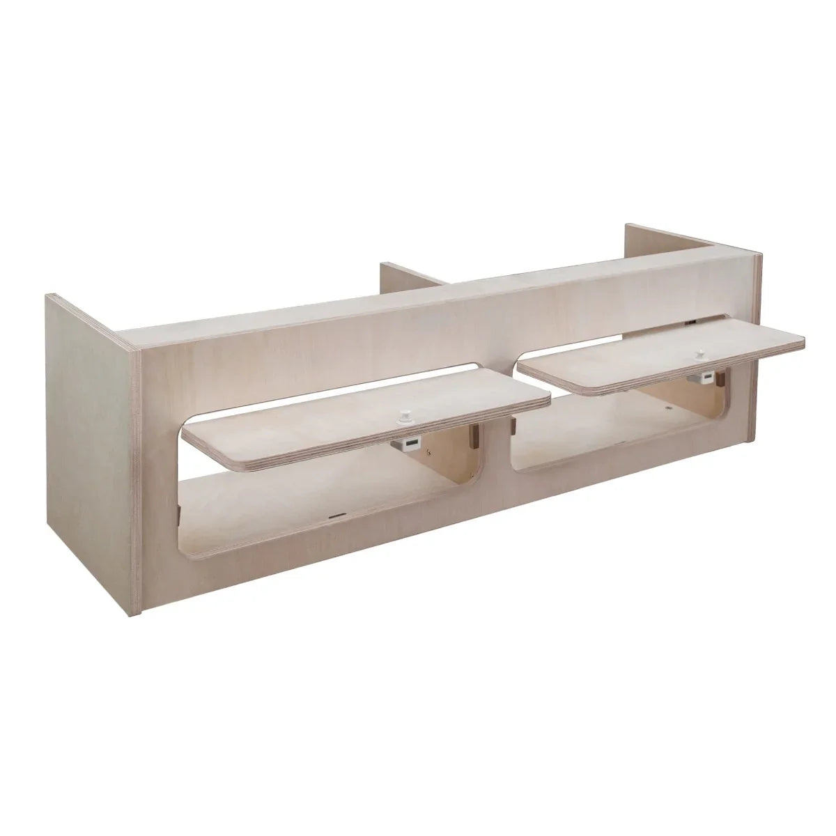 Overhead camper cabinet in light wood, featuring two pull-down shelves, sleek design, and smooth finish, ideal for compact spaces