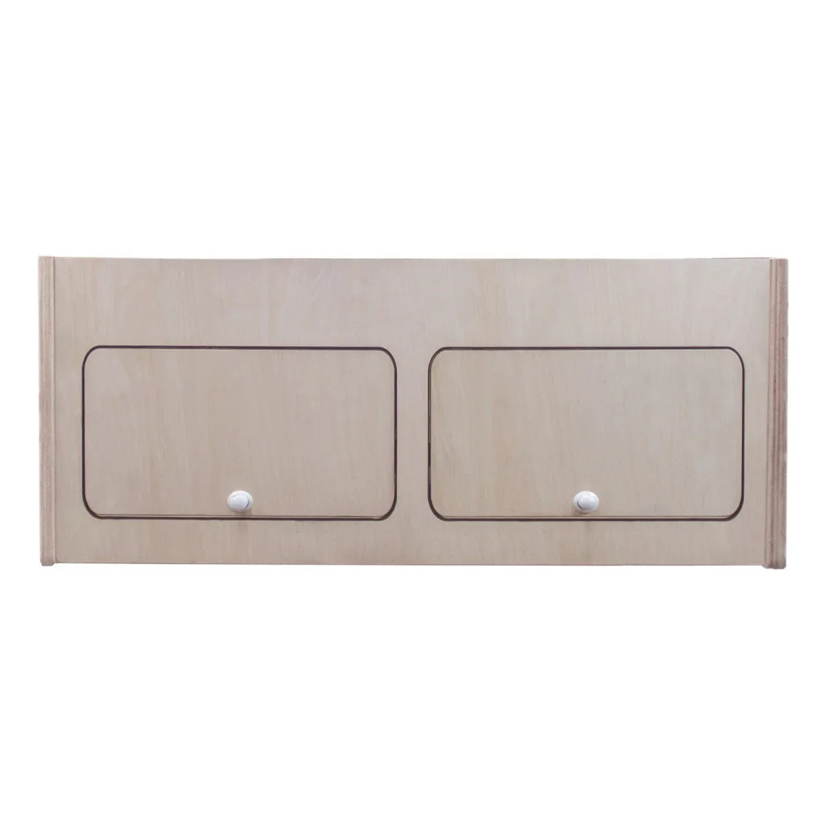 Overhead camper cabinet in light wood, featuring two smooth front doors with rounded white knobs, dimensions 80cm x 30cm x 30cm