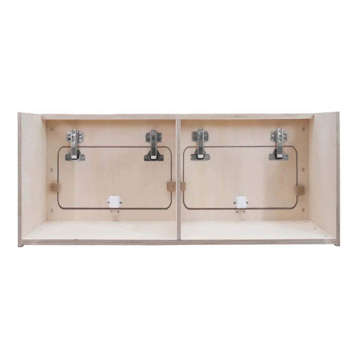 Overhead camper cabinet in natural wood finish, featuring two compartments with metal hinges and a sleek, minimalist design