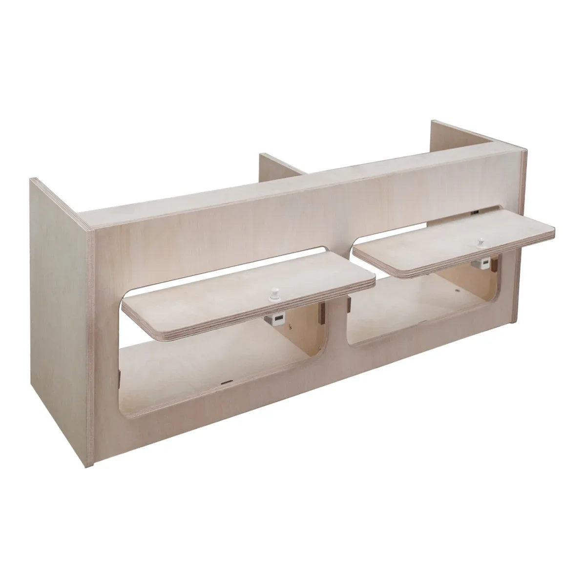 Overhead camper cabinet in light plywood, featuring two drop-down shelves and a sleek, minimalist design, measuring 80cm x 30cm x 30cm