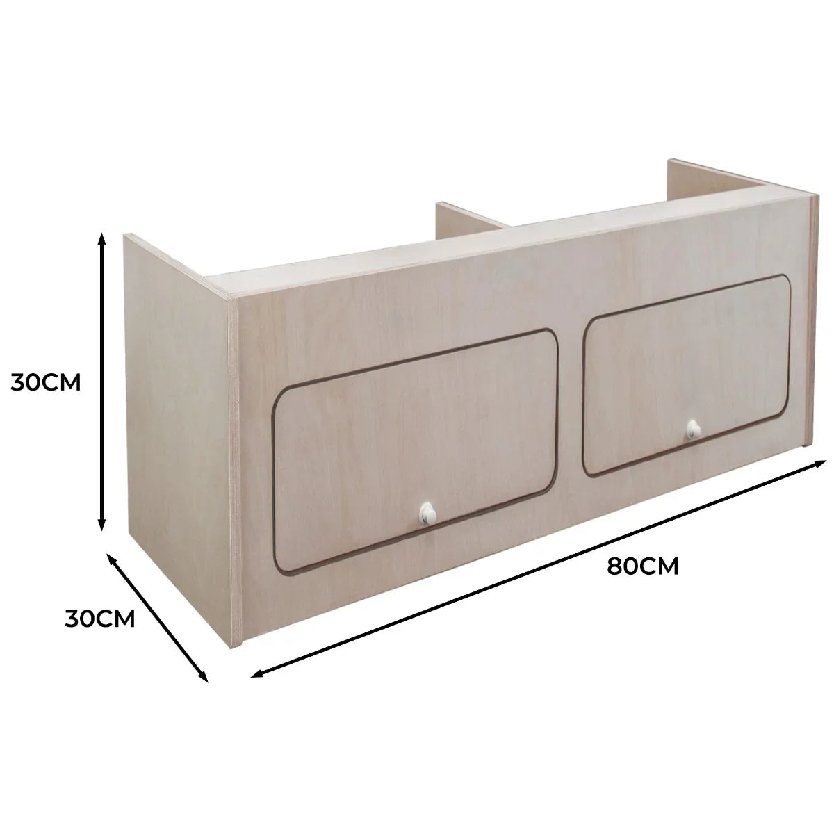 Overhead camper cabinet in light wood finish, featuring two spacious drawers, dimensions 80cm x 30cm x 30cm, ideal for storage