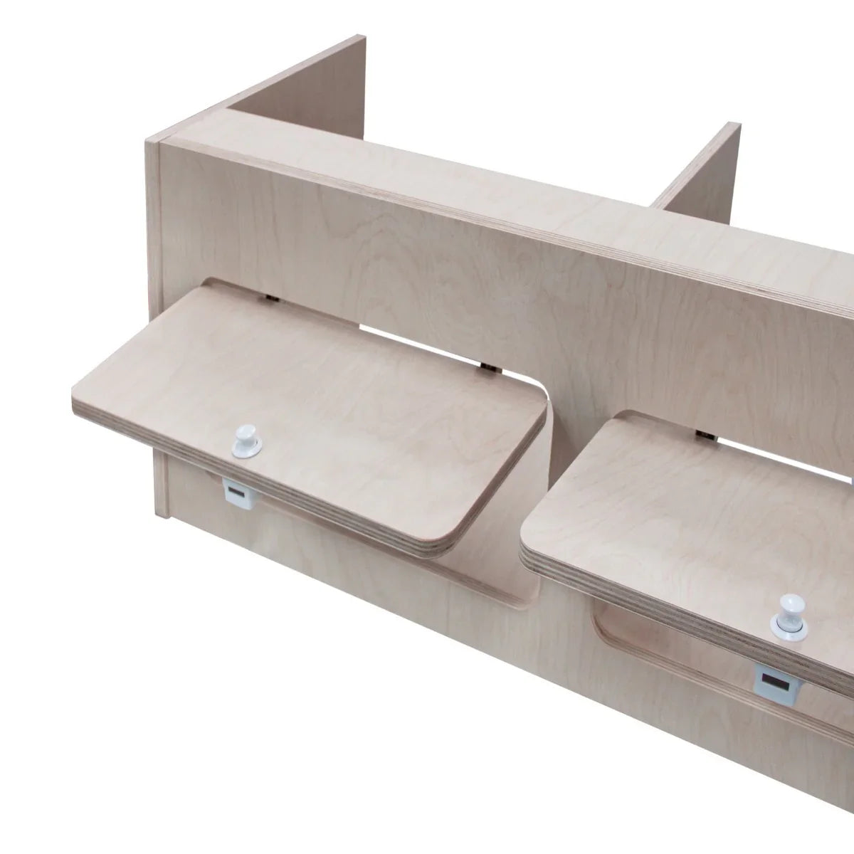 Overhead Camper Cabinet in light wood, featuring two drop-down shelves and a sleek, minimalist design, perfect for compact spaces