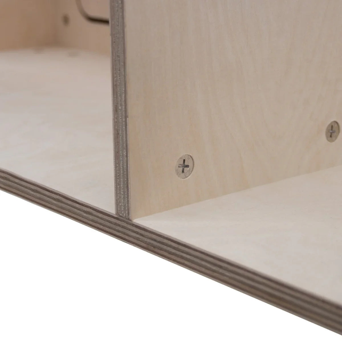 Overhead Camper Cabinet in light plywood, featuring smooth edges, visible screws, and a spacious interior for efficient storage