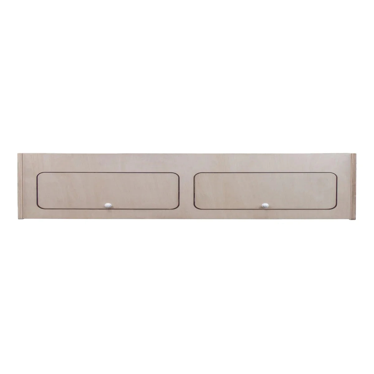Overhead camper cabinet in light wood finish, featuring two spacious drawers with round knobs, measuring 120cm x 25cm x 25cm