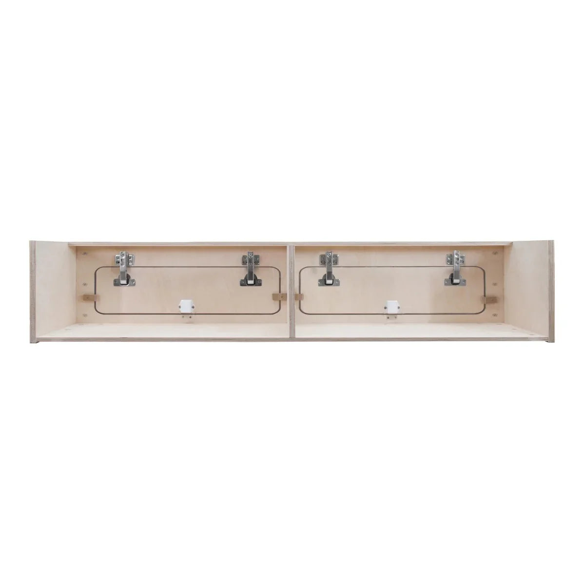 Overhead camper cabinet in natural wood finish, 120cm x 25cm x 25cm, featuring two compartments with metal hooks and smooth edges