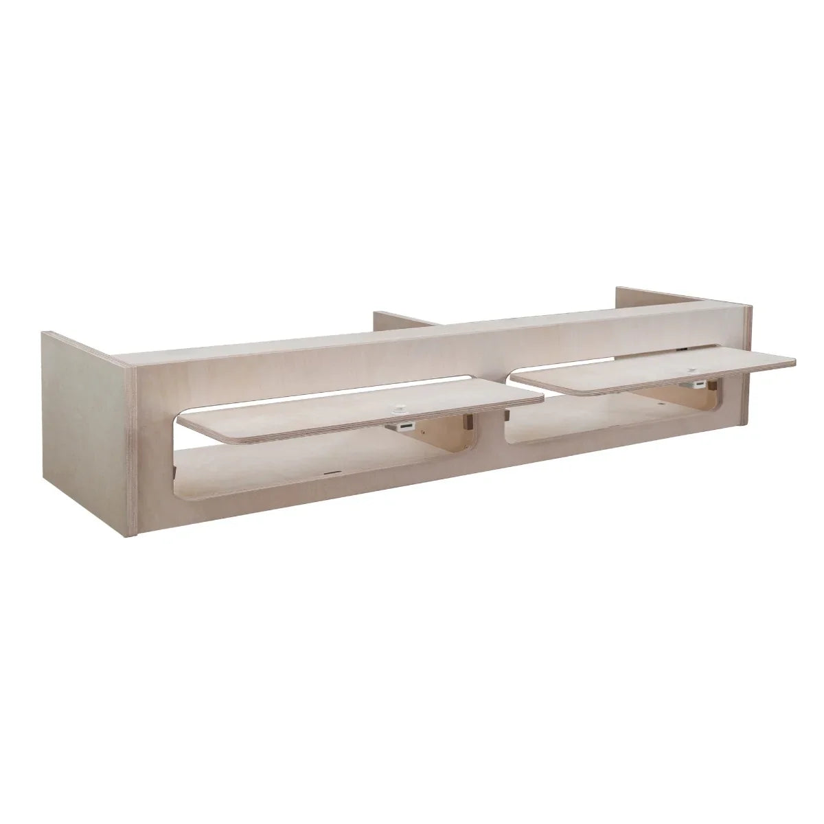 Overhead camper cabinet in light wood, featuring two pull-out shelves, measuring 120cm x 25cm x 25cm, ideal for compact storage