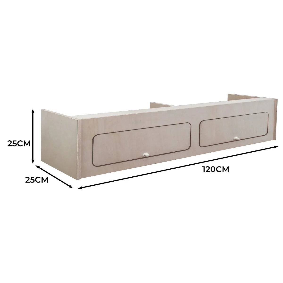 Overhead camper cabinet in light wood finish, featuring two spacious drawers, dimensions 120cm x 25cm x 25cm, ideal for storage